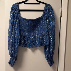 RIXO Cobalt Blue Smocked Puff-Sleeve Crop Top with Gold Accents